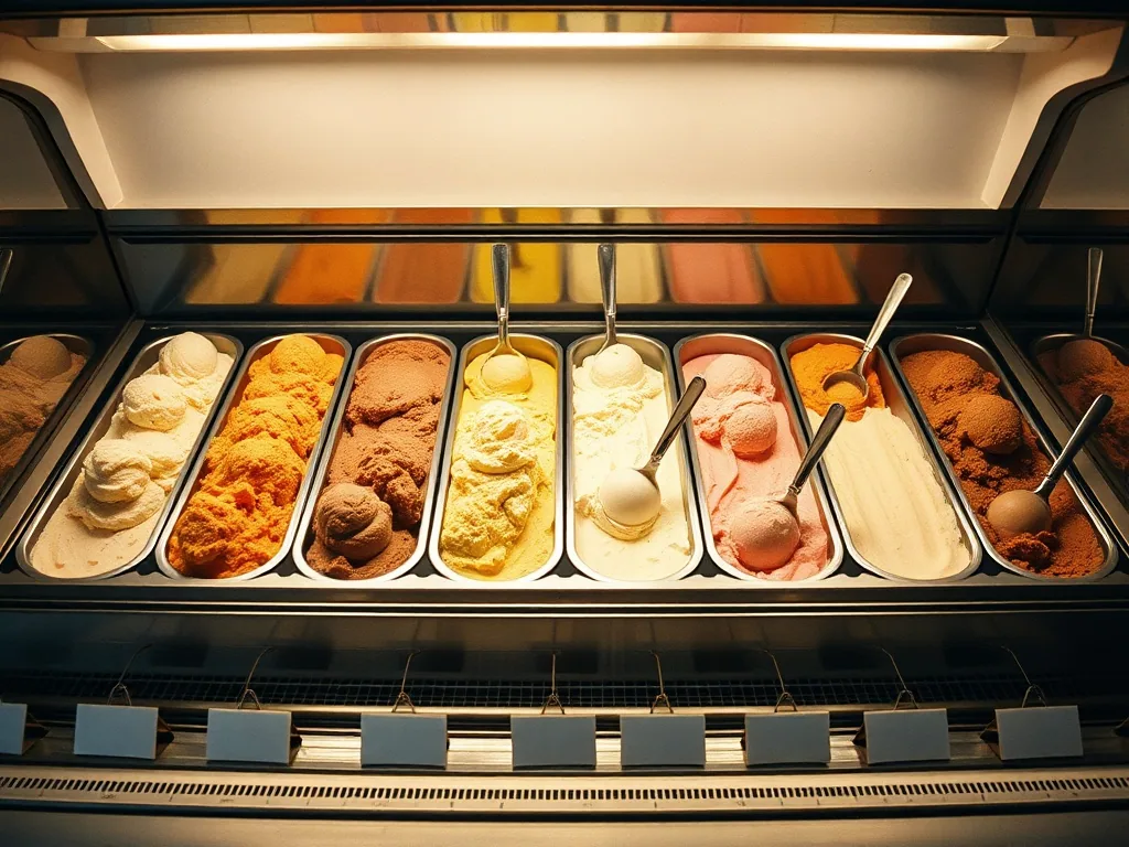 The open dipping case from customer height, a run of tubs of different coloured ice cream with scoops dug into them and blank name cards along the front.