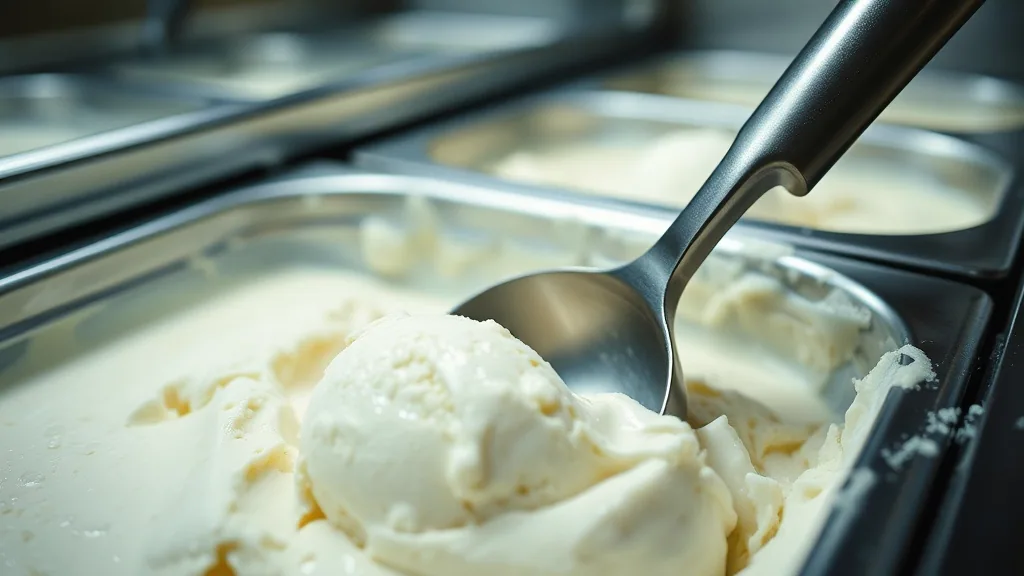 A steel scoop resting in a half dug tub of vanilla, condensation on the metal, other tubs out of focus behind.