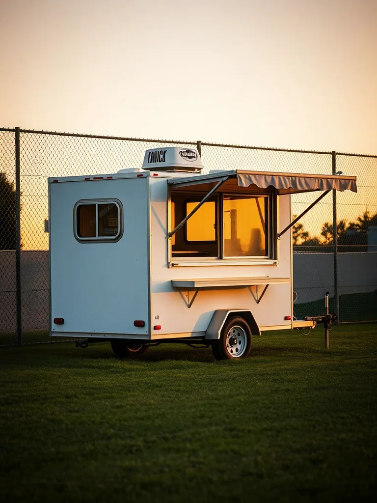 A small white concession trailer parked on the grass beside a ball field at sunset, its serving hatch propped open and the awning out.