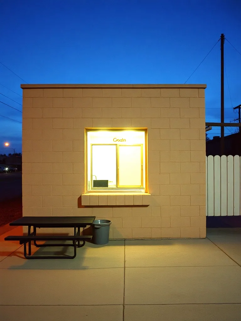 A walk-up serving window lit from inside in the side of a small block building at dusk, a picnic table on the concrete apron in front of it.